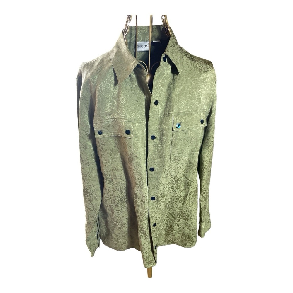 Chicos Small Silk Linen Blend Green Floral Button Up